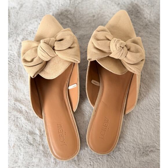 J.Crew Suede Bow Mule Slides Women’s Size 9.5 Beige Pointed Toe Flats Preppy - Picture 3 of 13